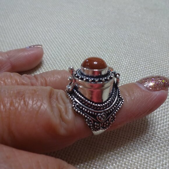 Unique GOLD SUNSTONE POISON BOX Handmade Sterling Ring Size 8.25 #55C - Picture 2 of 4